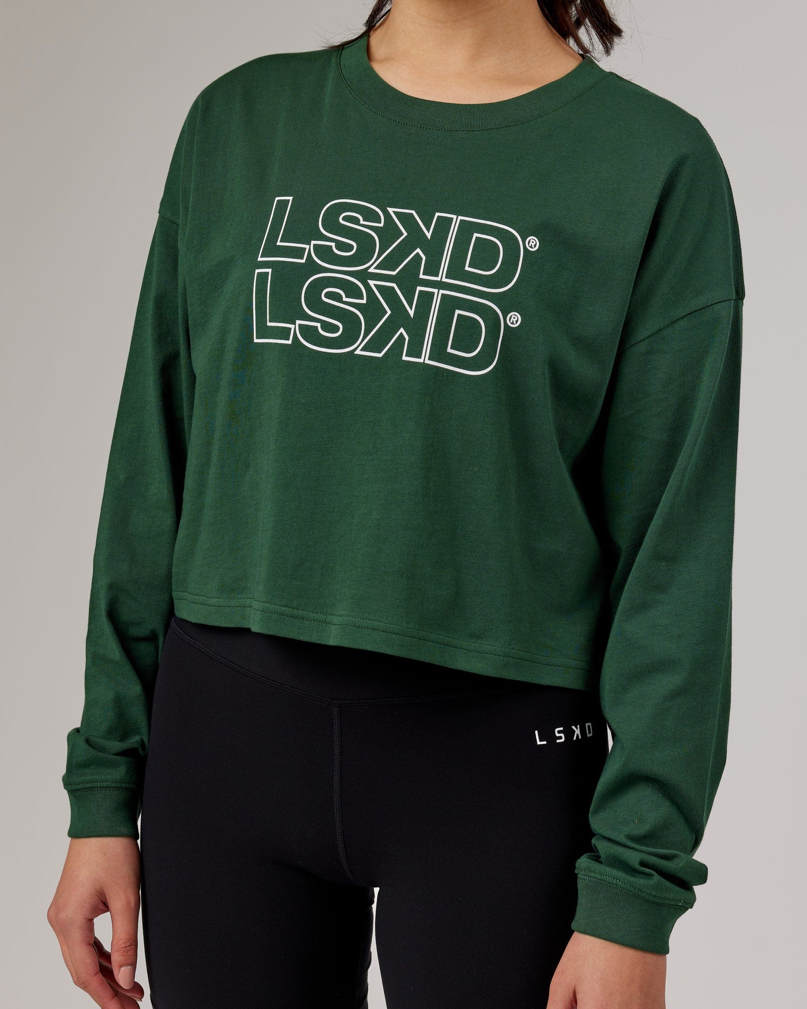 Model wearing Stacks Up LS Tee - Pineneedle