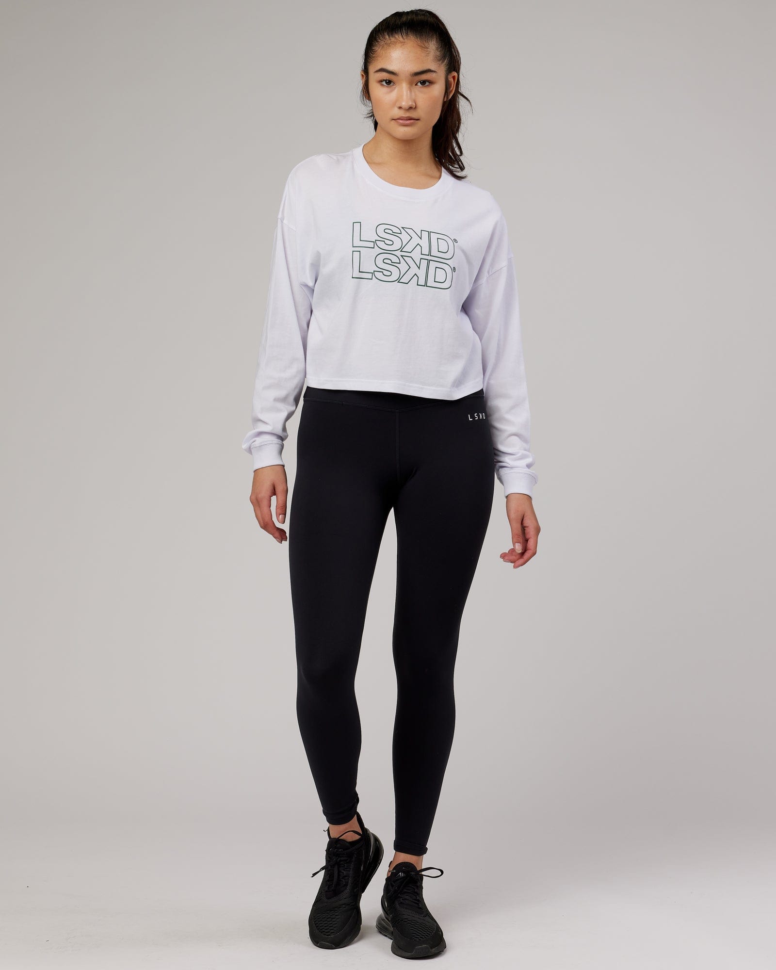 Model wearing Stacks Up LS Tee - White