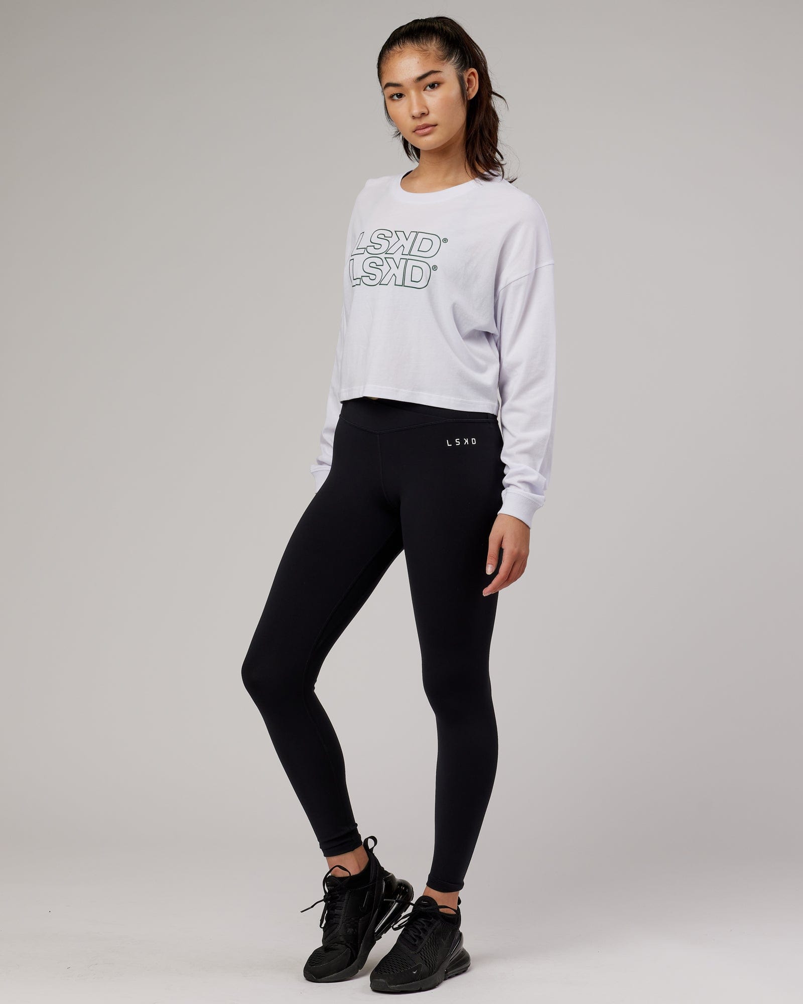 Model wearing Stacks Up LS Tee - White