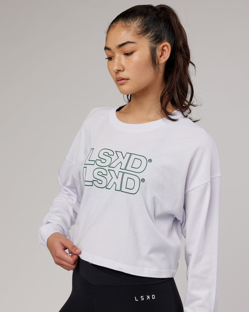 Model wearing Stacks Up LS Tee - White