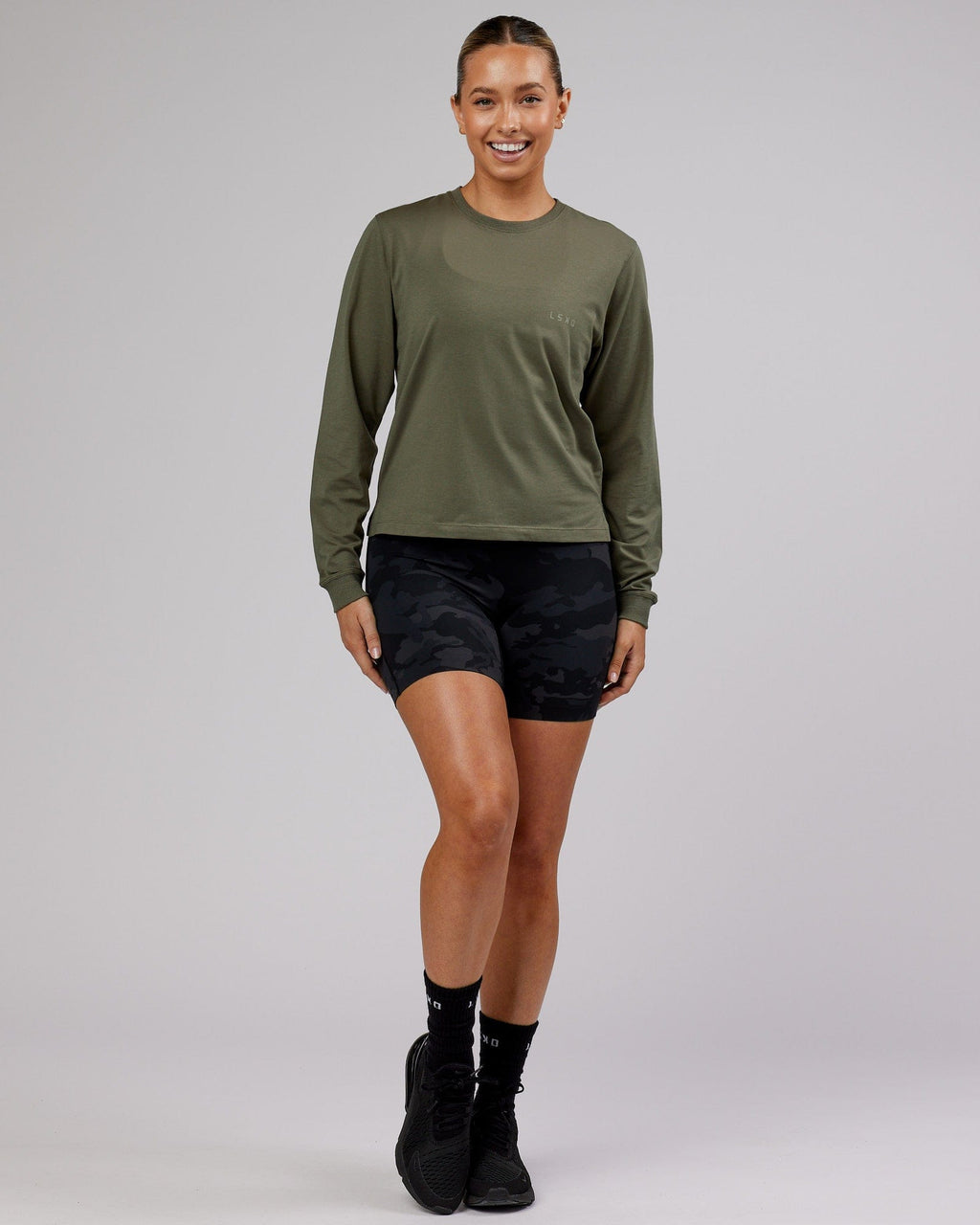 Model wearing Deluxe PimaFLX LS Tee - Olive Fade