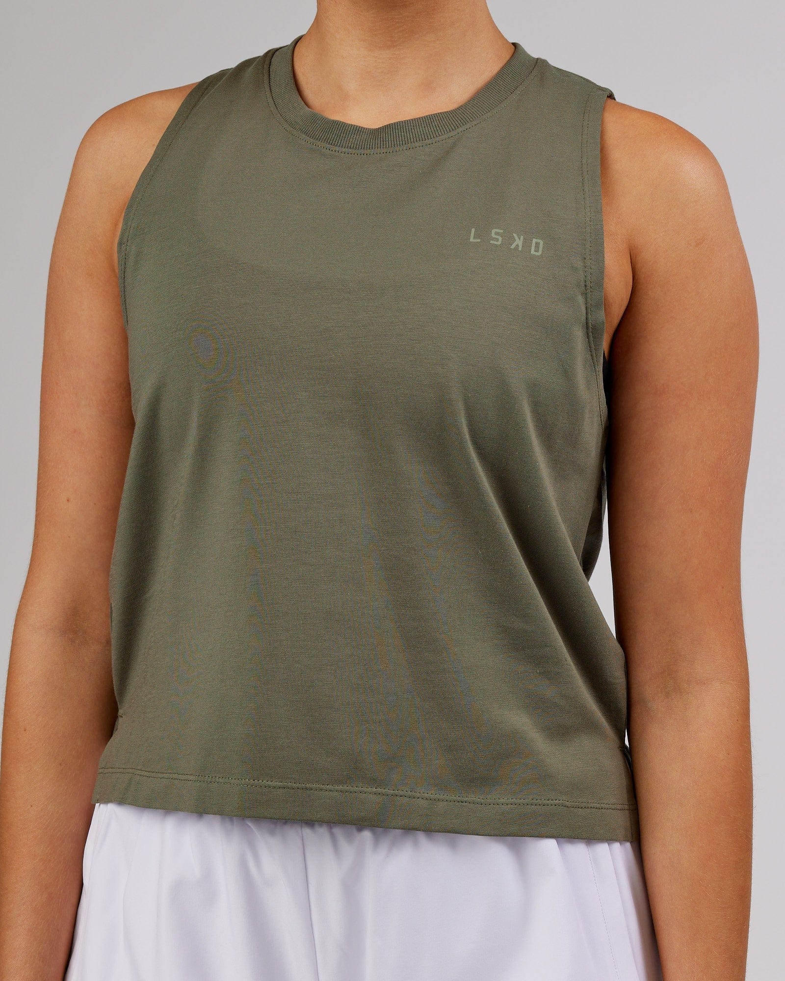 Model wearing Deluxe PimaFLX Tank - Olive Fade