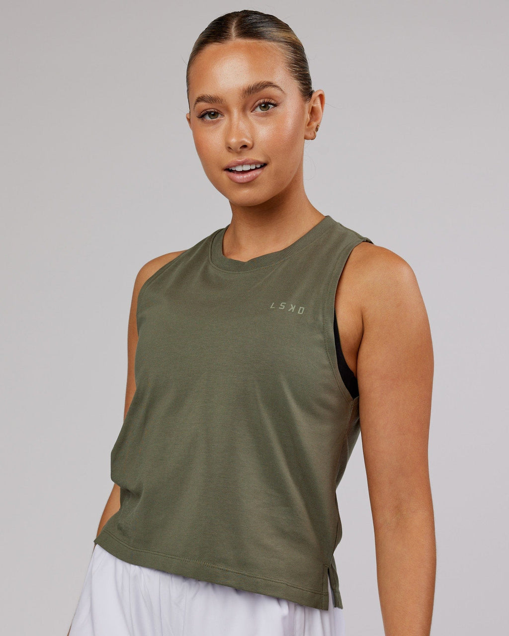 Model wearing Deluxe PimaFLX Tank - Olive Fade