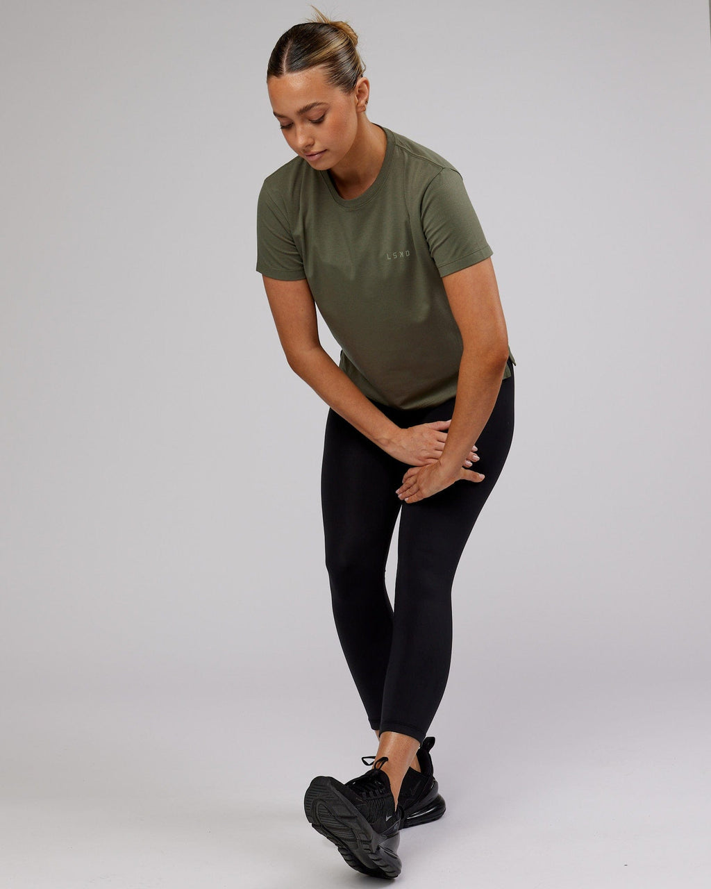 Model wearing Deluxe PimaFLX Tee - Olive Fade