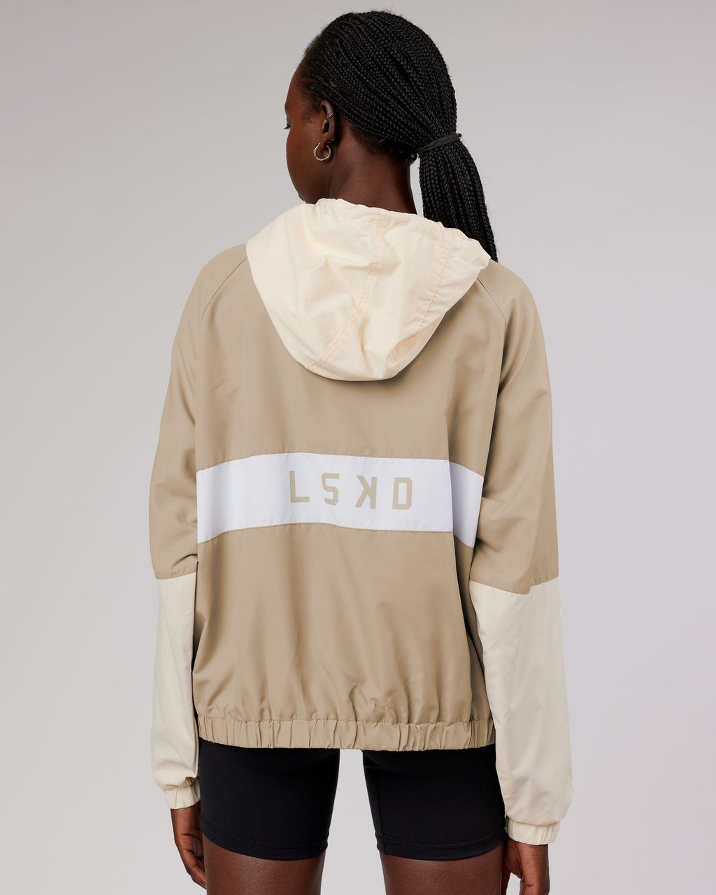 Model wearing Trackside Jacket - Light Fawn