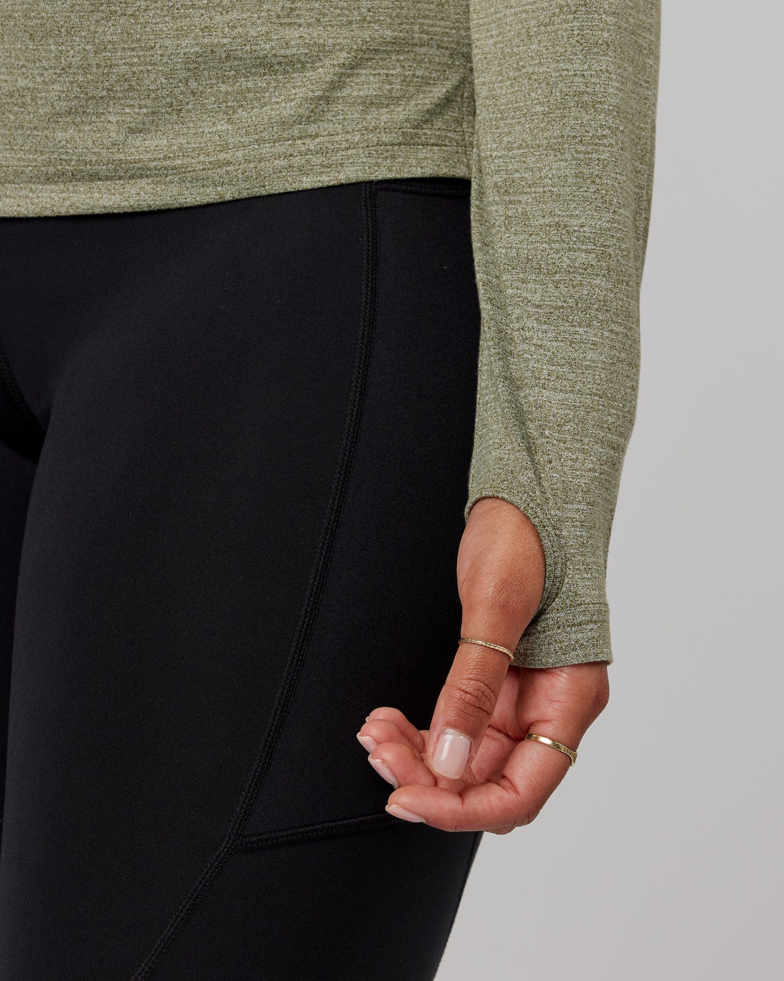 Model wearing Perform VapourFLX LS Tee - Olive Marl