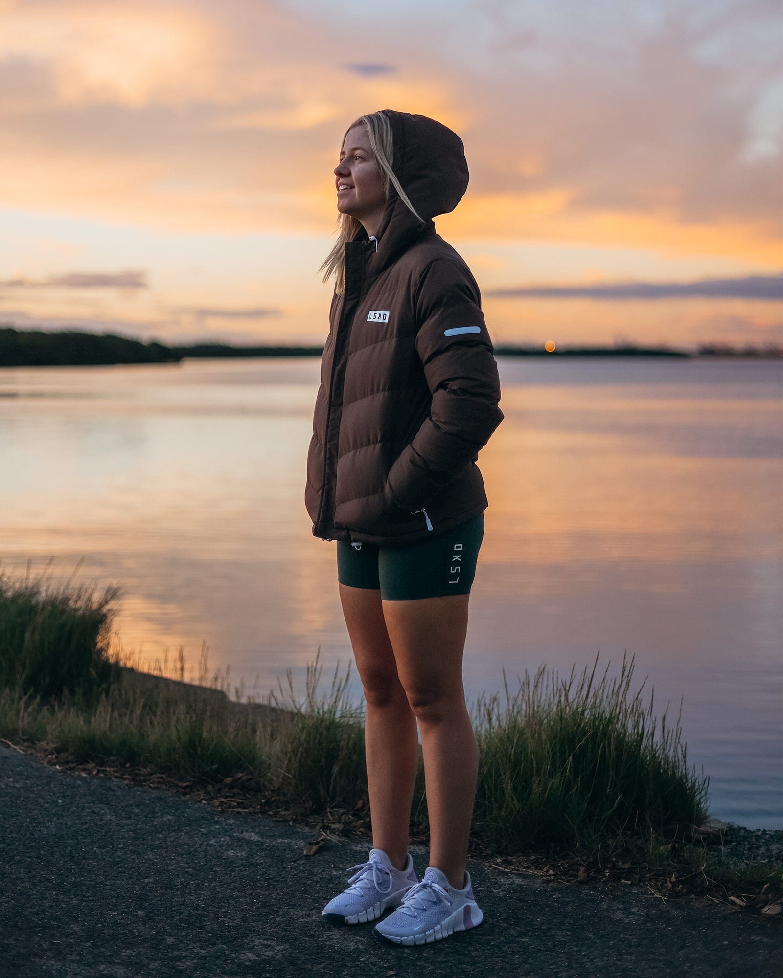 Model wearing Roasted Puffer Jacket 22 - Walnut