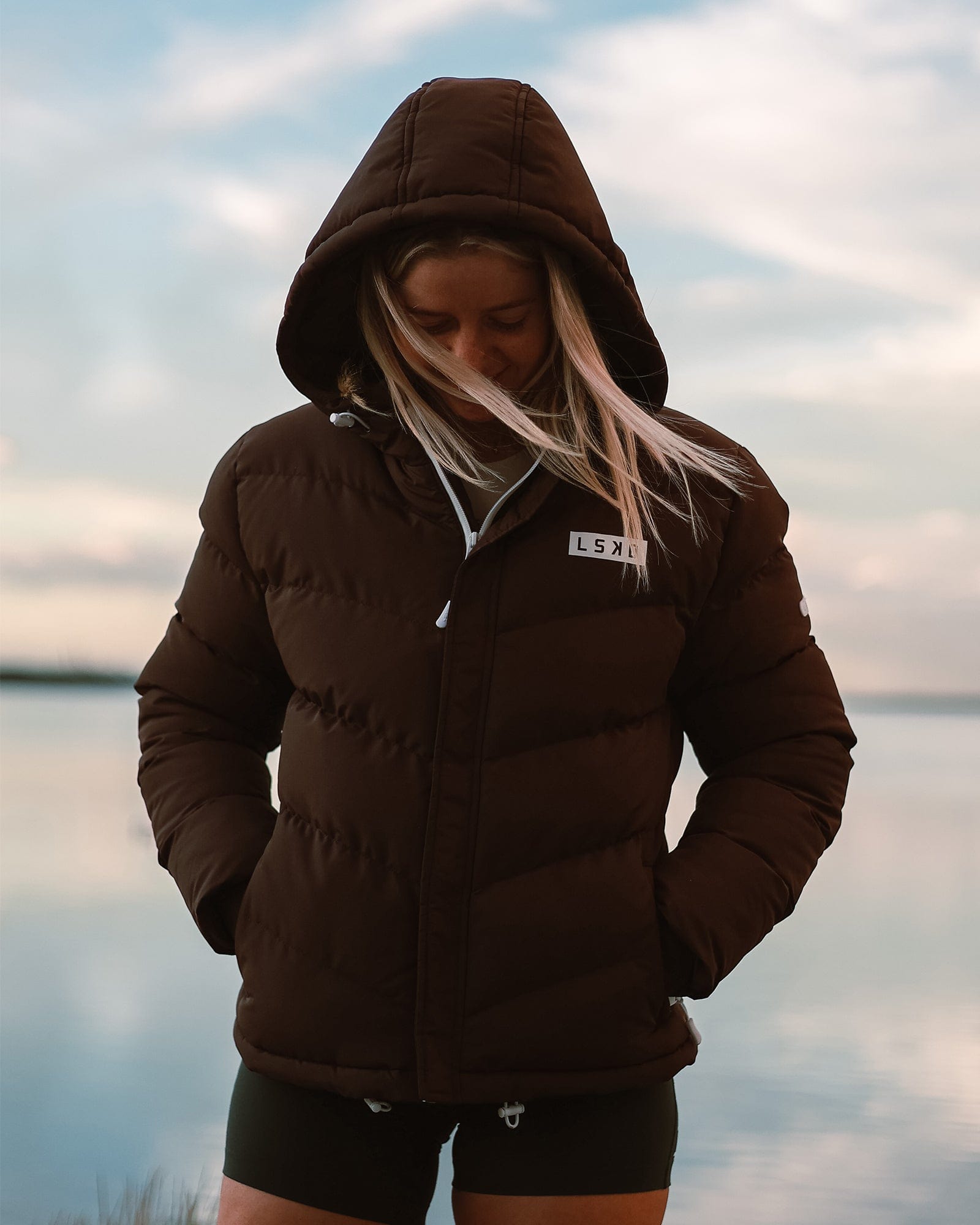 Model wearing Roasted Puffer Jacket 22 - Walnut
