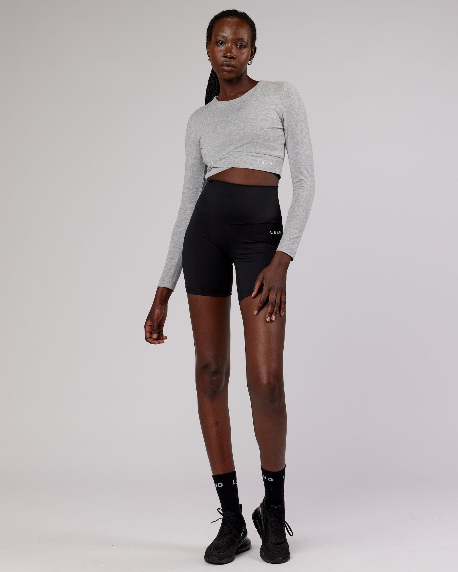 Model wearing Wrapped LS Tee - Lt Grey Marl