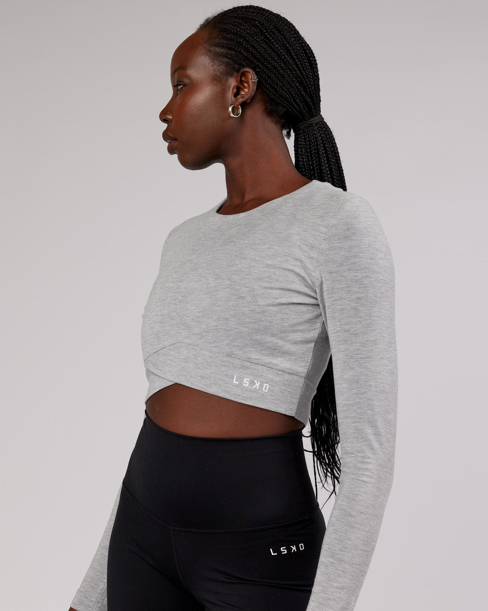 Model wearing Wrapped LS Tee - Lt Grey Marl