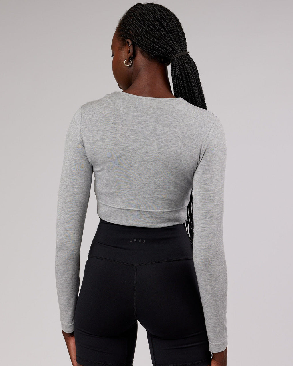 Model wearing Wrapped LS Tee - Lt Grey Marl