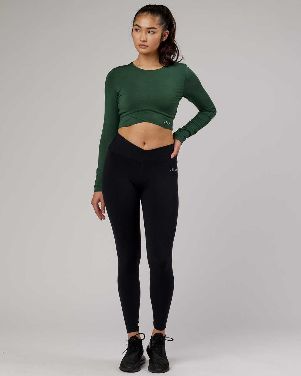 Model wearing Wrapped LS Tee - Pineneedle