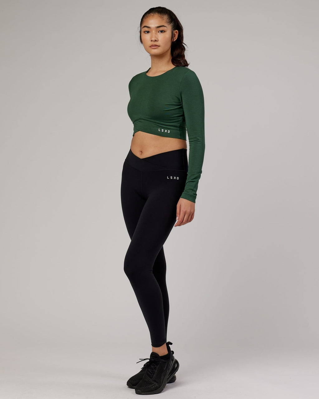 Model wearing Wrapped LS Tee - Pineneedle