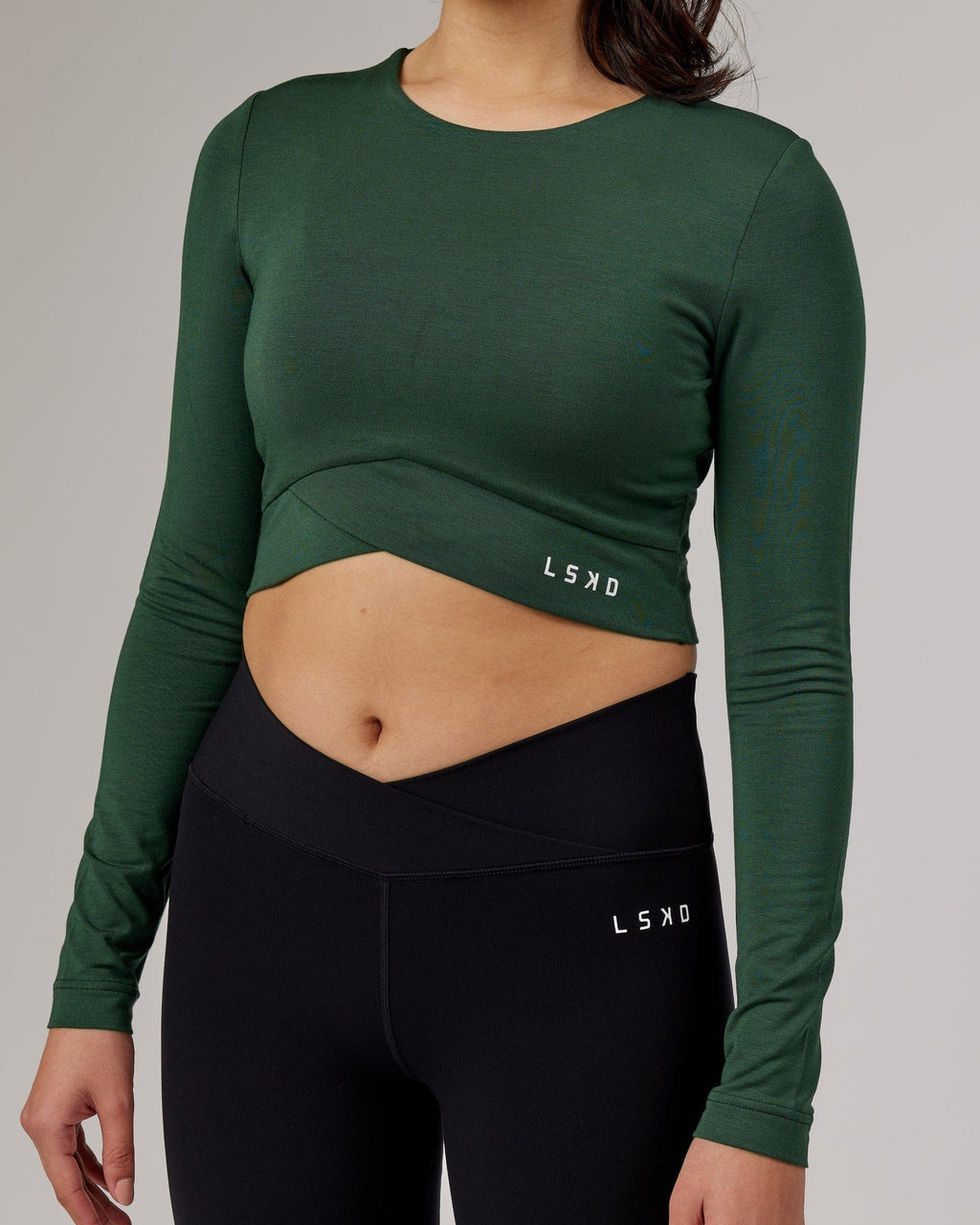 Model wearing Wrapped LS Tee - Pineneedle