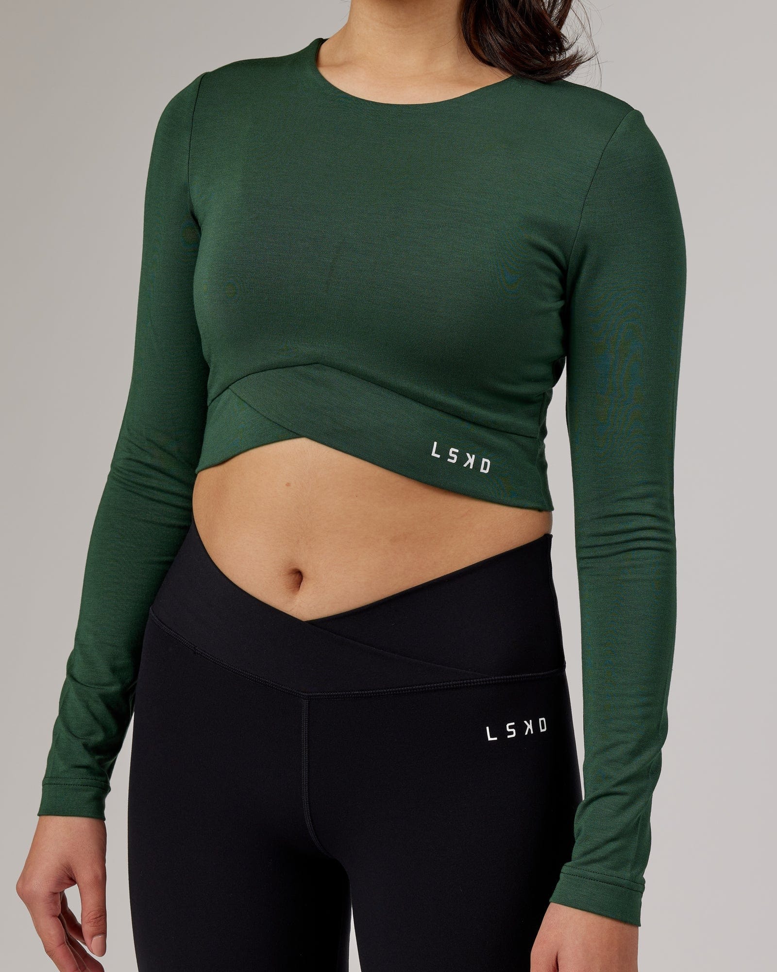 Model wearing Wrapped LS Tee - Pineneedle